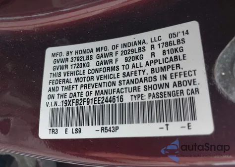 2014 Honda Civic Ex-L из США, поврежденный, VIN 19XFB2F91EE244616